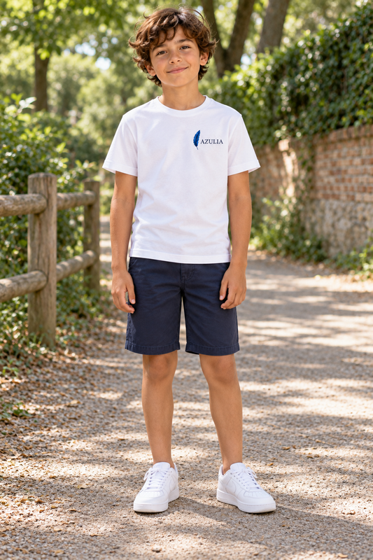 AZULIA Kids — Piuma Aquilone | T-shirt organica — fronte, logo AZULIA lato cuore
