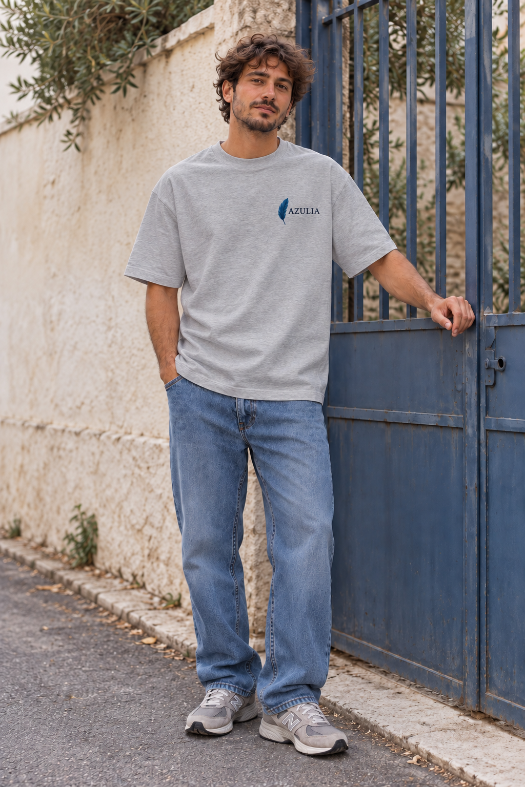 Modalità aereo — T-shirt oversize 200 — fronte, logo lato cuore — grigio erica — indossata