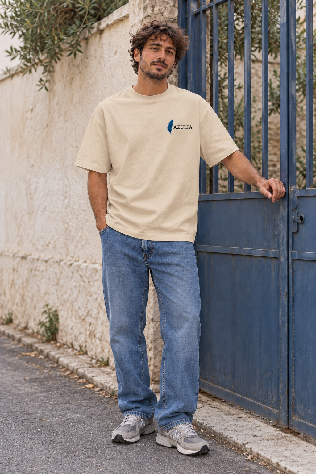 Tra le nuvole — T-shirt oversize 200 — fronte, logo lato cuore — pietra — indossata