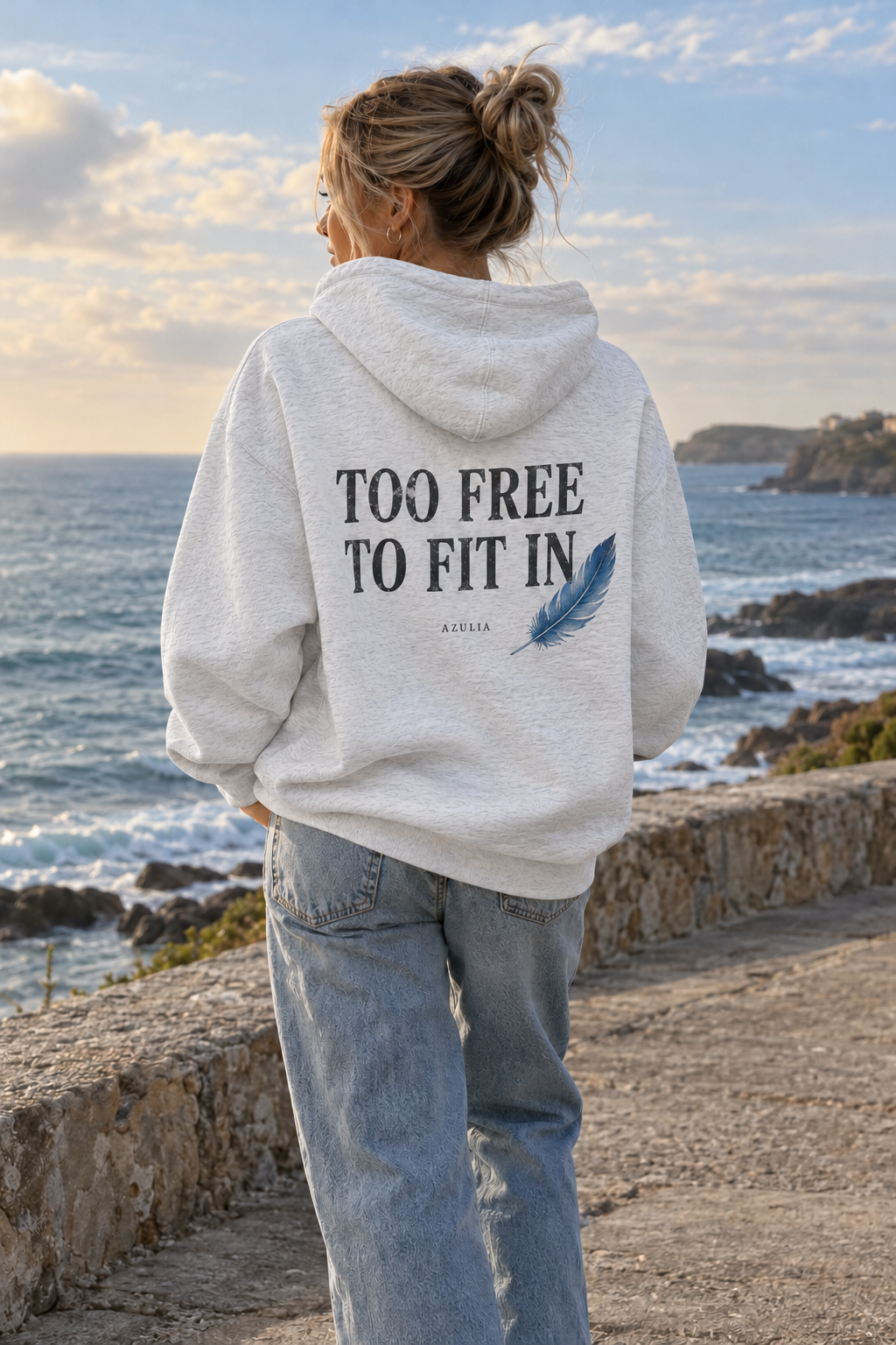 AZULIA Too Free to Fit In — felpa oversize bianco mélange, retro indossato con scritta e piuma azzurra